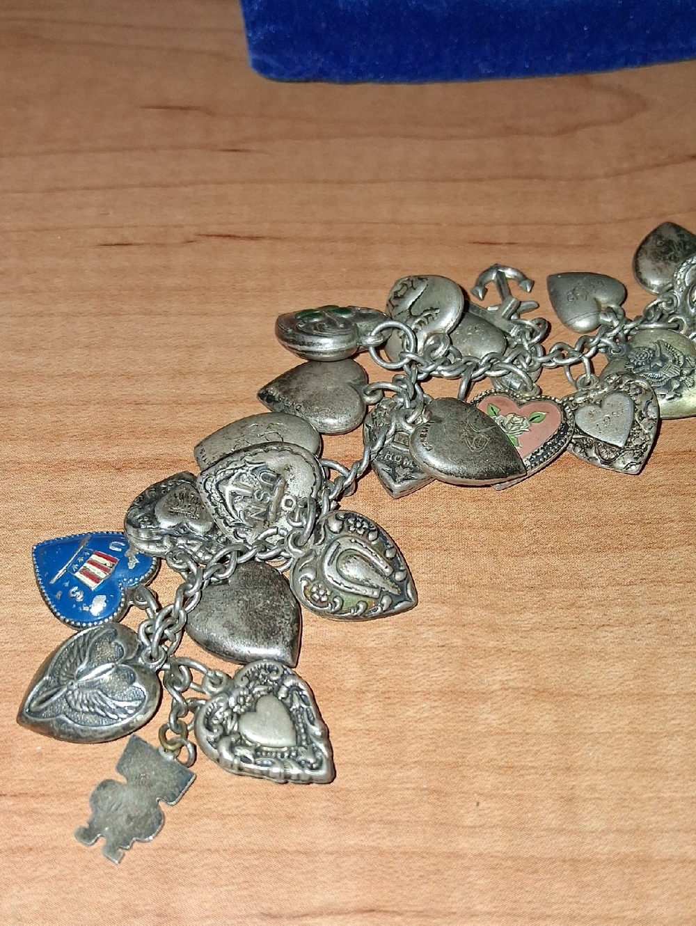 Vintage Heart Charm Bracelet - Silver with Blue & Pink Accents